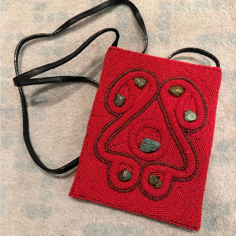 Red Beaded and Turquoise Crossbody Bag